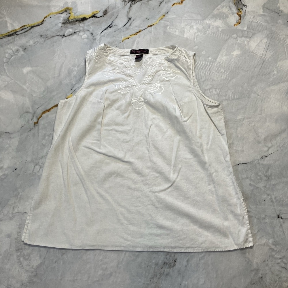 Lily Stanhope Shirt Womens Size 1X White Linen V Neck Embroidered‎ Sleeveless